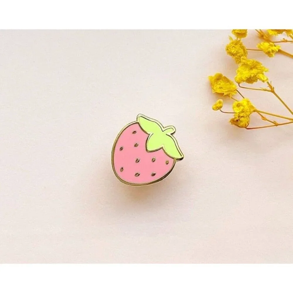 Mini Cute Strawberry Enamel Pin -‎ Gold Plated Food Lapel - Kawaii Jewelry